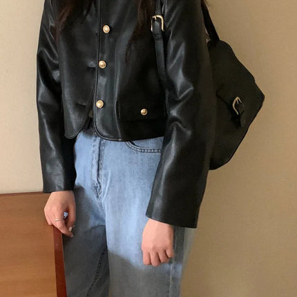 Korean Style Black Leather Jacket Women Vintage O Neck by zapcart