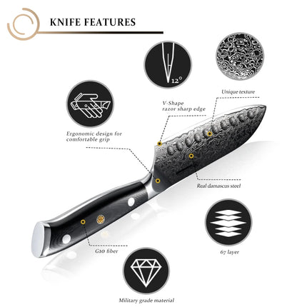 GrandSharp Santoku Knife 5 Inch AUS10 Damascus Steel Chef