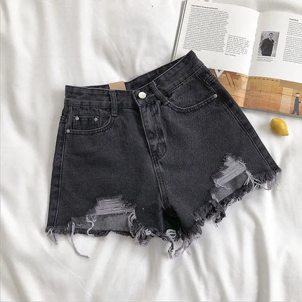 Korean Denim Shorts Women High Waist Ripped Tassel Chic by zapcart
