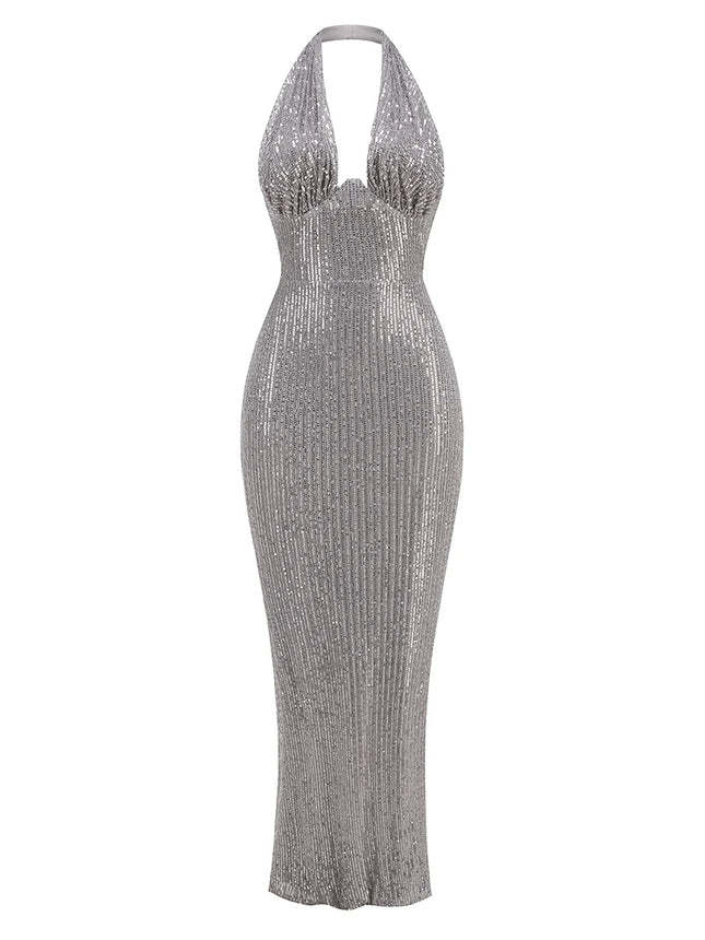 House Of Beauty Sequins Halter Maxi Backless Dress Women by zapcart