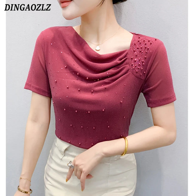 Korean Beaded Diamond Mesh T Shirt For Women Summer by zapcart