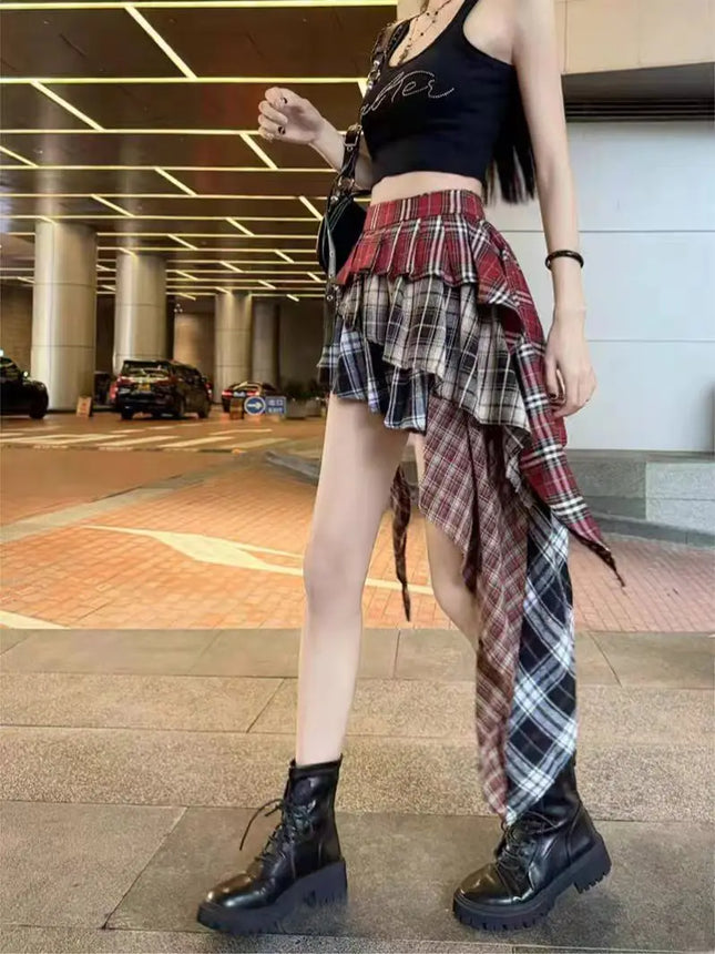 Y2K Plaid Patchwork Tassel Mini Skirt For Women Summer 2024 by zapcart