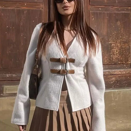Trafza Women Leather Buckle Woolen Coat Beige Chic Warmth by zapcart