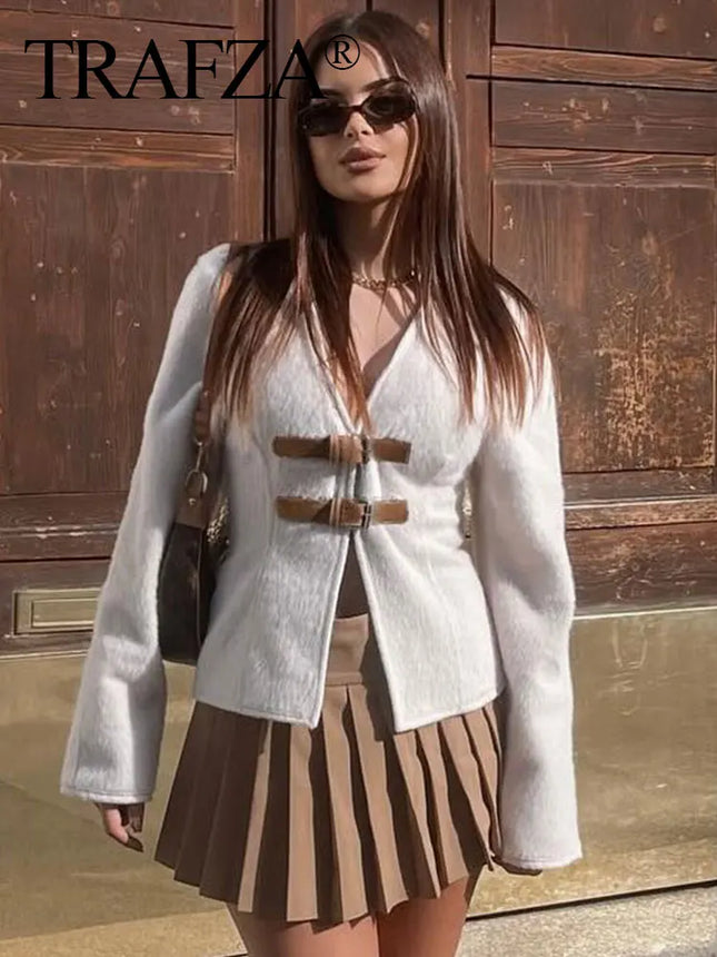 Trafza Women Leather Buckle Woolen Coat Beige Chic Warmth by zapcart