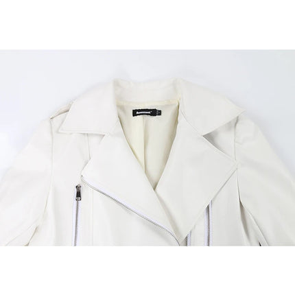 Nerazzurri White PU Leather Zipper Biker Jacket Women Belt by zapcart