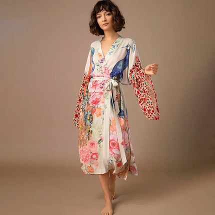 Peacock Print Beach Kimono For Women Self Belted Cover Up by zapcart