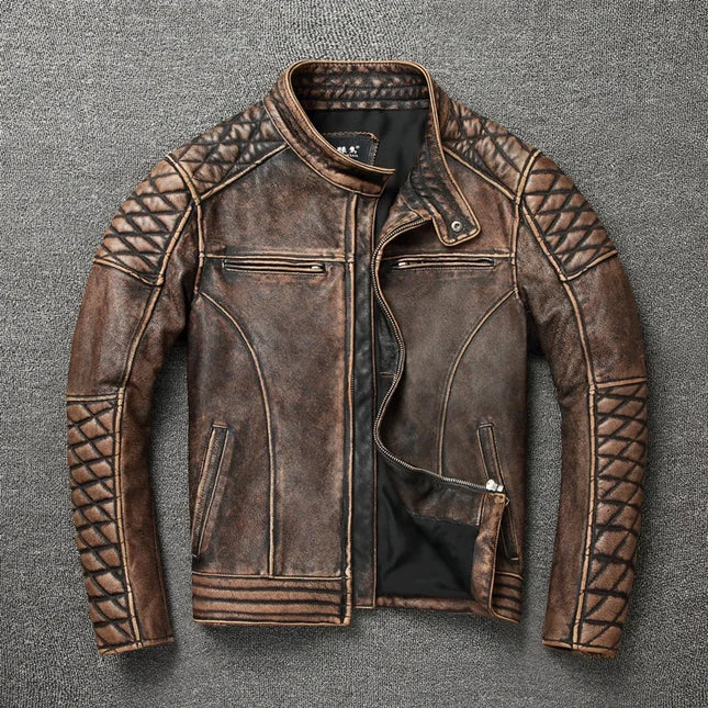 Mens Vintage Cowhide Motorcycle Jacket Stand Collar Biker by zapcart