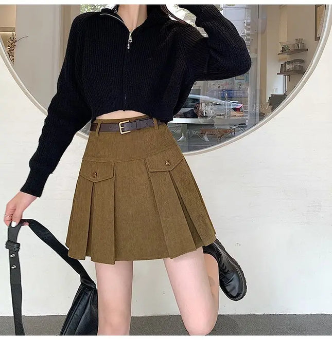 Corduroy Pleated Skirt Women High Waist Slimming Retro by zapcart