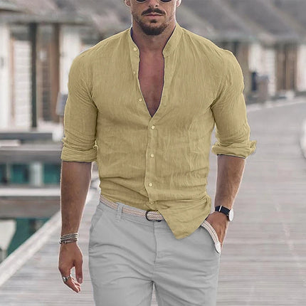King Billion Men Cotton Linen Mandarin Collar Shirt Loose by zapcart