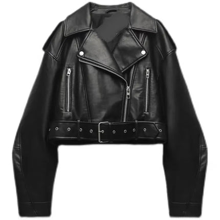TRAF Women Oversized Vintage Faux Leather Jacket With Belt by zapcart