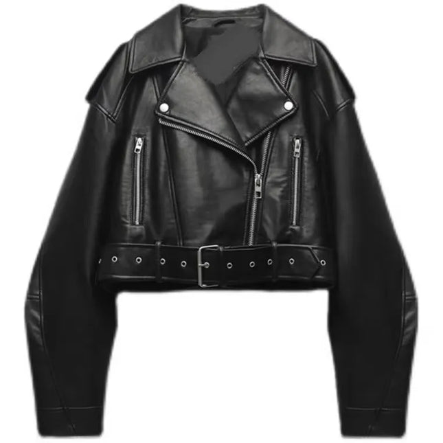 TRAF Women Oversized Vintage Faux Leather Jacket With Belt by zapcart