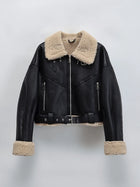 Ailegogo Women Faux Lamb Leather Fur Moto Jacket Belted by zapcart