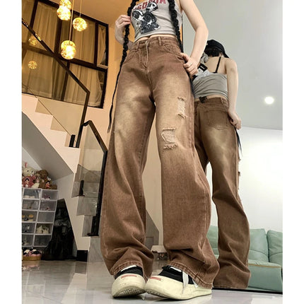 Women Y2K Ripped High Waist Jeans Vintage Washed Pockets by zapcart