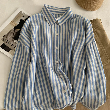 Blue Linen Striped Shirt for Women Summer Sun Blouse by zapcart