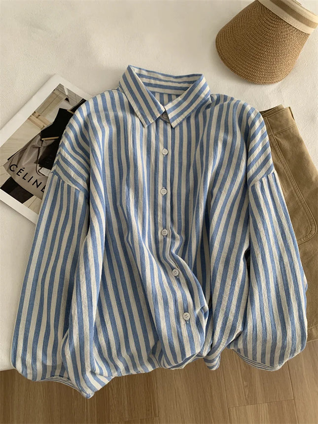 Blue Linen Striped Shirt for Women Summer Sun Blouse by zapcart
