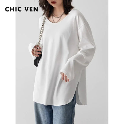 Chic Ven Women T Shirts Loose Casual U Neck Long Sleeve Top by zapcart