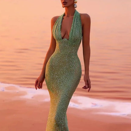 House Of Beauty Sequins Halter Maxi Backless Dress Women by zapcart
