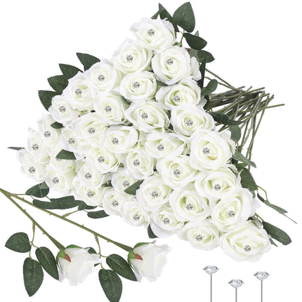 12-200Pcs Artificial Rose Flower Silk Roses with Diamond Valentine's Day Gift Fake Roses Red Roses for DIY Wedding Party Decor by zapcart