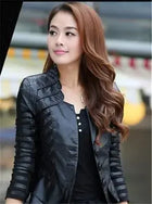 Women Faux Leather Jacket Slim Fit Turn Down Collar by zapcart