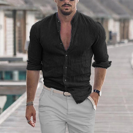 King Billion Men Cotton Linen Mandarin Collar Shirt Loose by zapcart