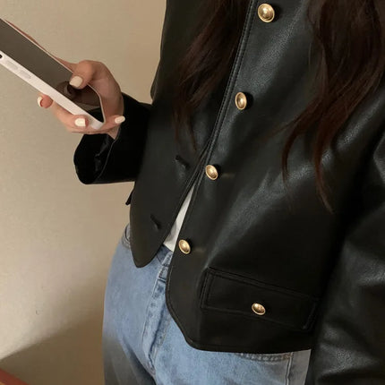 Korean Style Black Leather Jacket Women Vintage O Neck by zapcart