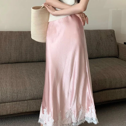 Elegant Satin Lace Long Skirt For Women High Waist A Line by zapcart