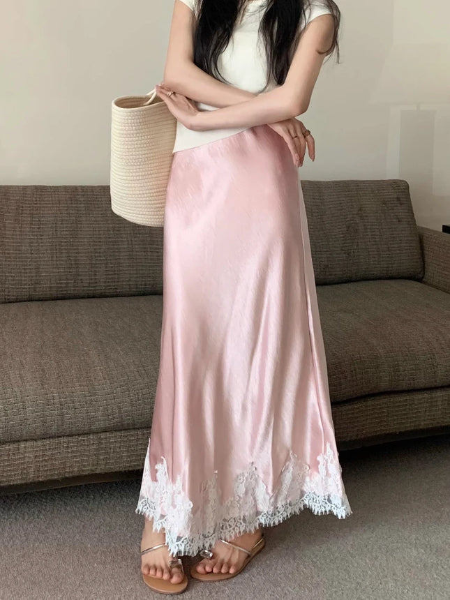 Elegant Satin Lace Long Skirt For Women High Waist A Line by zapcart