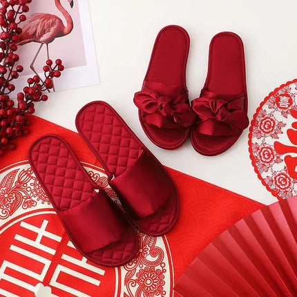 Wedding Slippers For Couples Satin Bow Flat Shoes Gift by zapcart