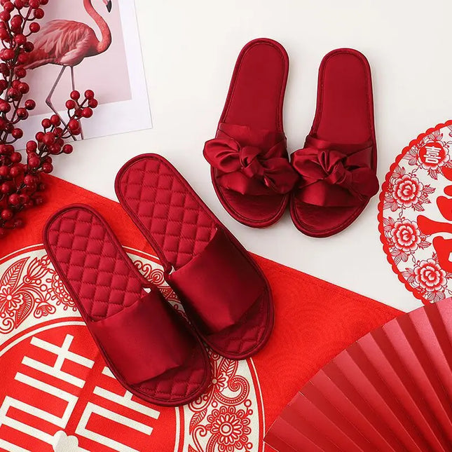 Wedding Slippers For Couples Satin Bow Flat Shoes Gift by zapcart