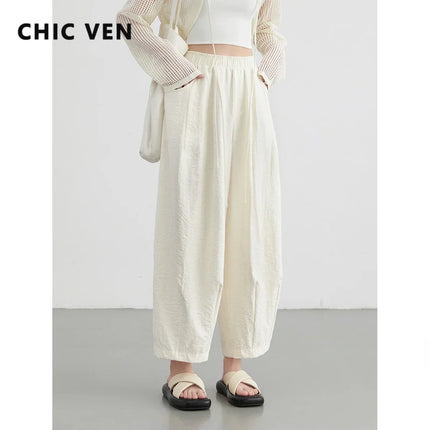 Chic Ven White High Waisted Pleated Wide Leg Pants by zapcart
