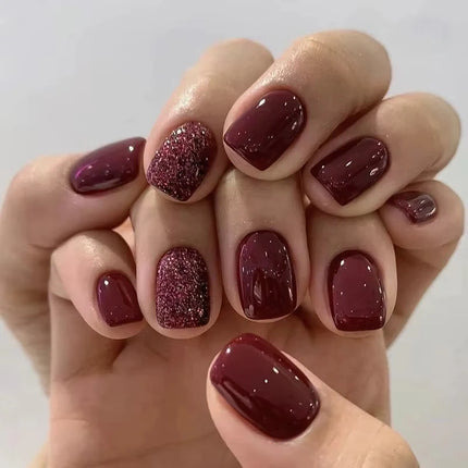 Press On Nails Wine Red Short Square Detachable For Home Use by zapcart