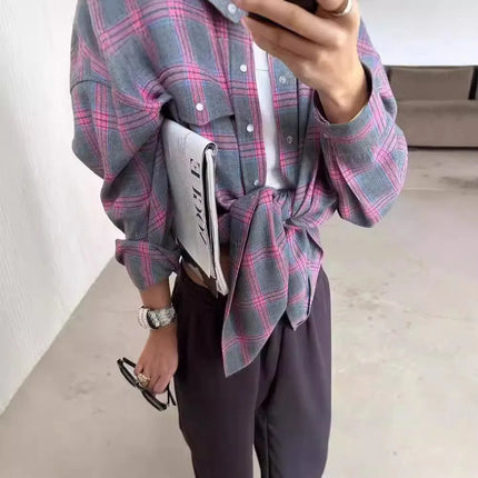 Women Plaid Shirt Oversized Pocket Turndown Collar Blouse by zapcart
