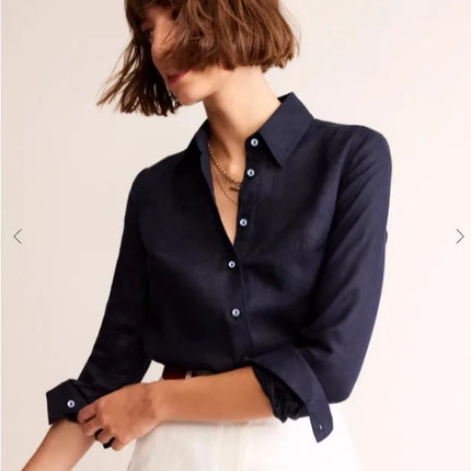 Navy Blue Linen Shirt For Women Breathable Loose Fit by zapcart