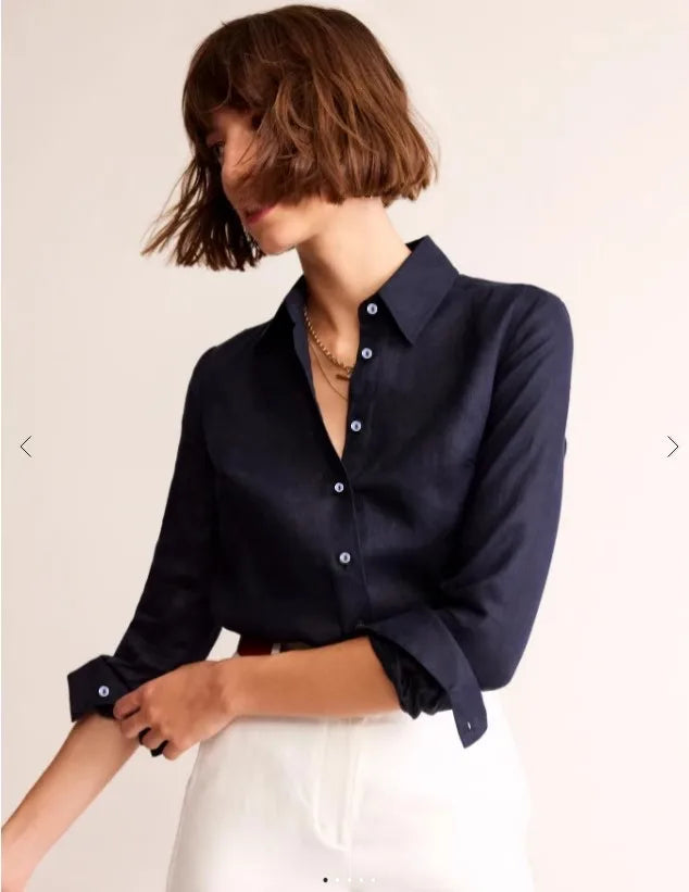 Navy Blue Linen Shirt For Women Breathable Loose Fit by zapcart