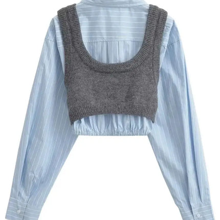 Joskaa Womens Cropped Shirt Set Knitted Vest 2 Piece by zapcart