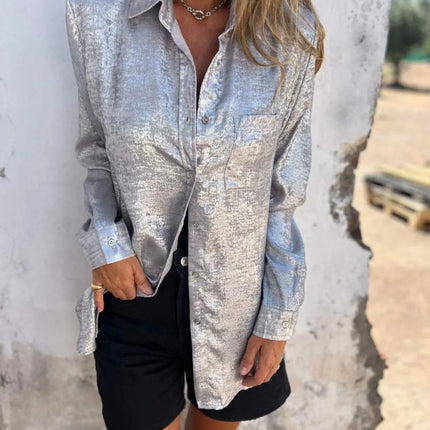 Shinny Golden Long Sleeve Blouse For Women Vintage Loose by zapcart
