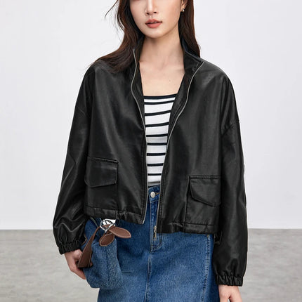 SENTUBILA Leather Jacket Women Vintage PU Stand Collar Chic by zapcart