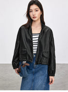 SENTUBILA Leather Jacket Women Vintage PU Stand Collar Chic by zapcart