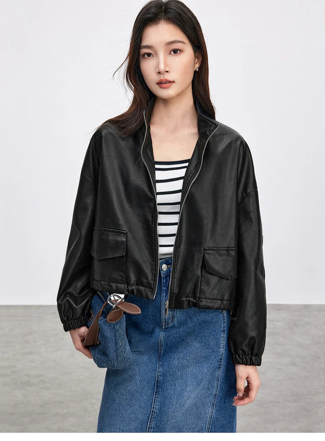 SENTUBILA Leather Jacket Women Vintage PU Stand Collar Chic by zapcart