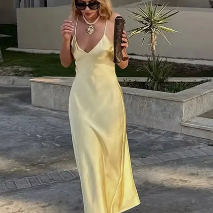 Yellow Satin Sling Maxi Dress Women Backless Evening Gown by zapcart