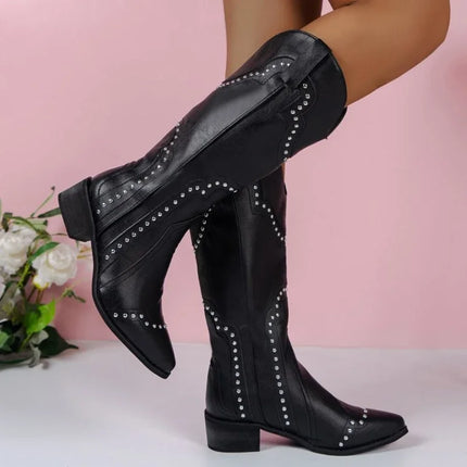 Boras Retro Rivet Mid Calf Cowboy Boots Women Slip On by zapcart