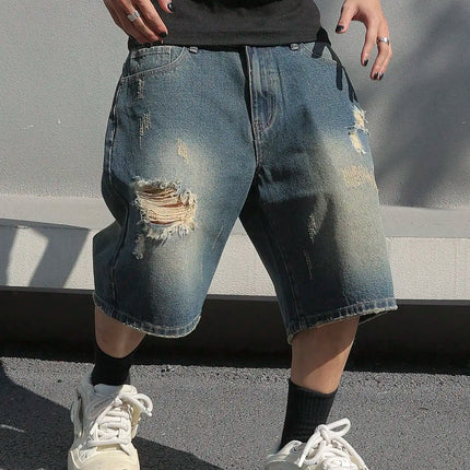 LVCCCI Denim Shorts For Men Baggy Stretch Ripped Knee by zapcart