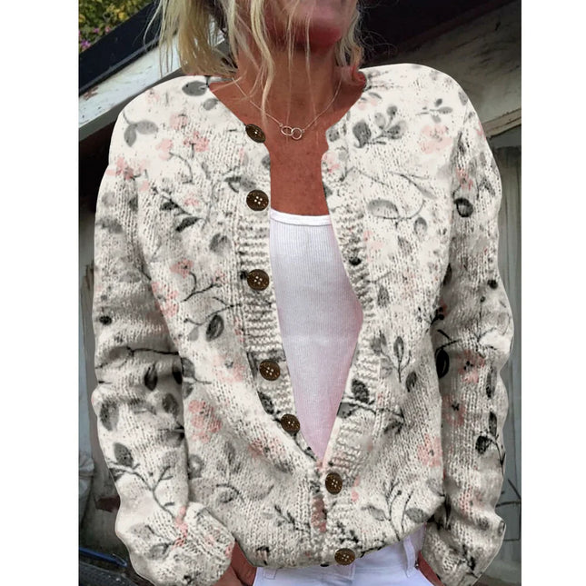 Women Sakura Print Cardigan Knitted Lightweight Long Sleeve by zapcart