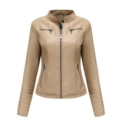 Bright Red PU Leather Jacket For Women Slim V Neck Coat by zapcart