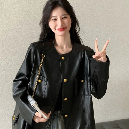 Black PU Leather Jacket For Women Short Spring Korean Chic by zapcart