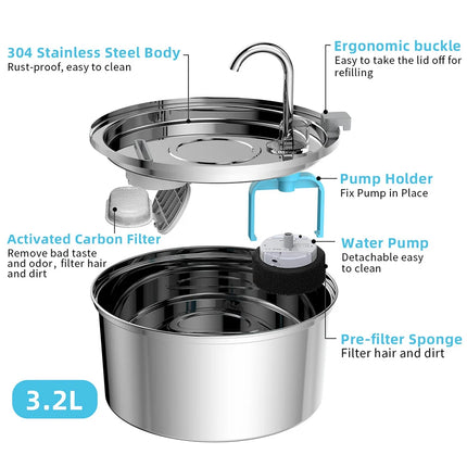 ZYfeeder Cat Water Fountain Usb Quiet Stainless Steel