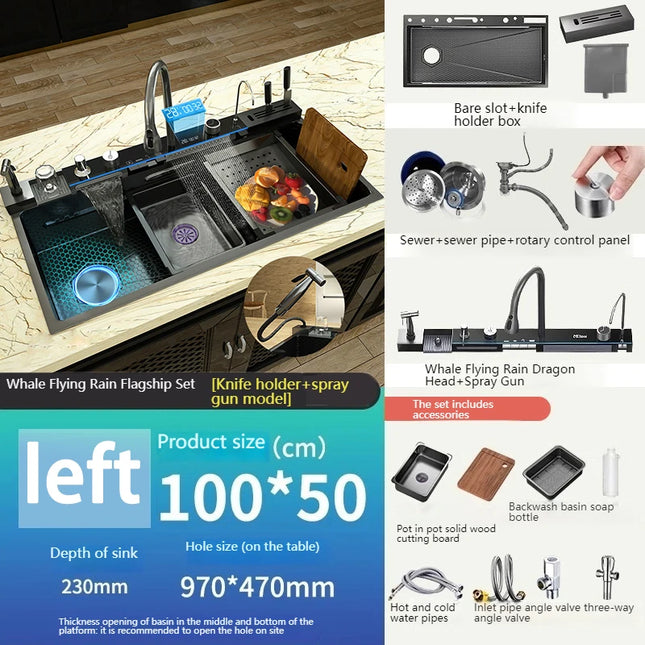 Kitchen Sink Stainless Steel Waterfall Sinks Extra Large Single Slot with Digital Display Faucet Set For kitchen by zapcart