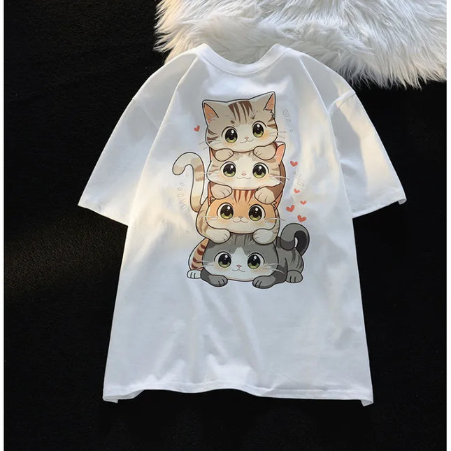 Playful Cartoon Cat Print Women Tee Lightweight Comfort by zapcart