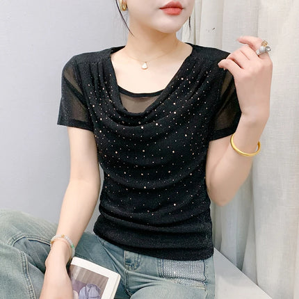 Korean Beaded Diamond Mesh T Shirt For Women Summer by zapcart