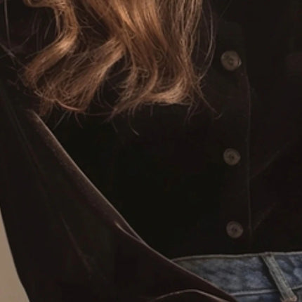 Black Velvet Blouse For Women Ruffled Stand Neck Top by zapcart